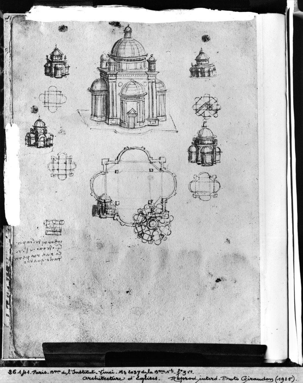 Tervek egy központilag tervezett templomhoz, fol. 3v az Ashburnham I. és II. kódexből (korábban a B kézirat (2184) része), 1492 körül. alkotó: Leonardo da Vinci