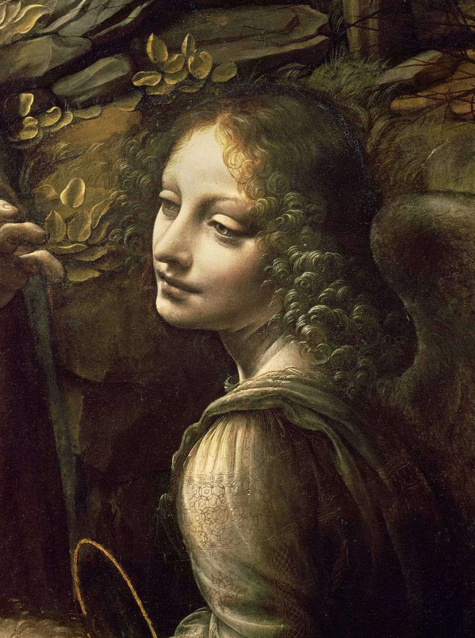 Az angyal részlete, a Sziklák Szűzanyája (A Szűz a csecsemővel, Szent János imádja a kis Krisztust egy angyal kíséretében), 1508 körül. alkotó: Leonardo da Vinci
