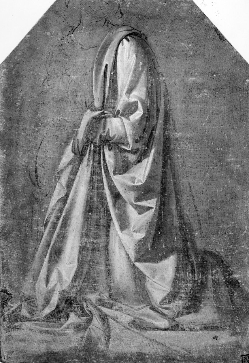 Drapériatanulmány egy térdelő alakhoz, balra háromnegyed profilban, 1475 körül (tempera fehér kiemeléssel a vásznon) alkotó: Leonardo da Vinci