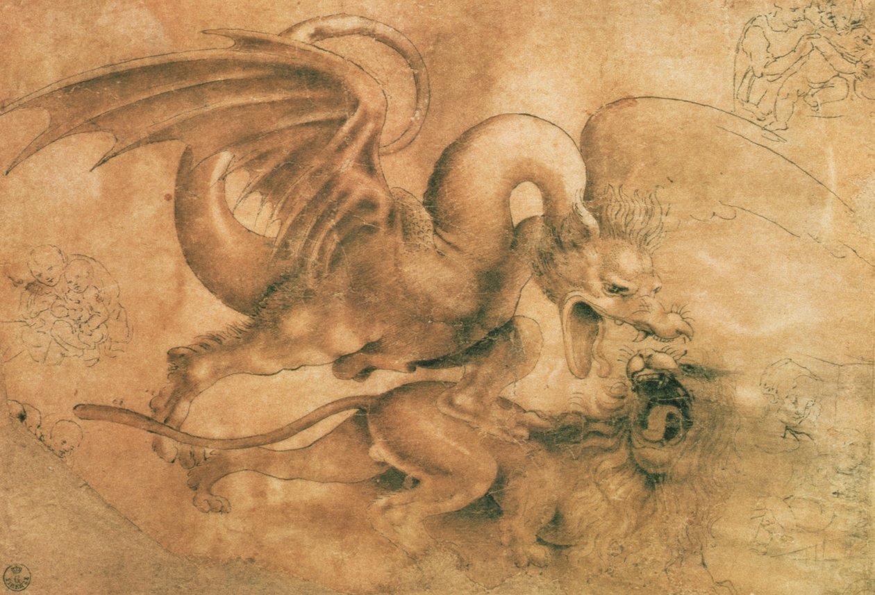 Harc egy sárkány és egy oroszlán között (barna tus, mosás, papír) alkotó: Leonardo da Vinci