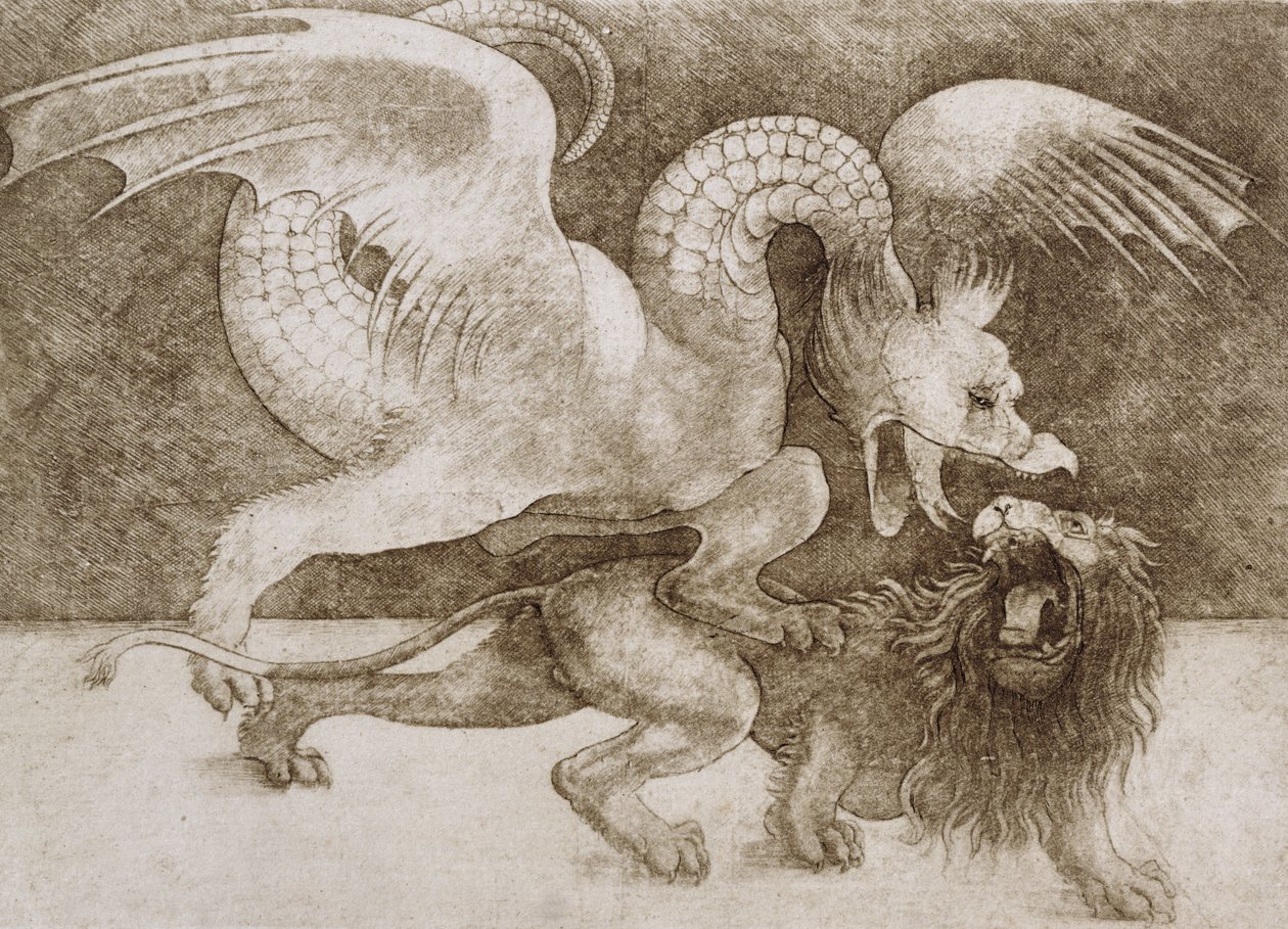 Harc egy sárkány és egy oroszlán között (toll és tinta a papíron) (nyomtatás) alkotó: Leonardo da Vinci