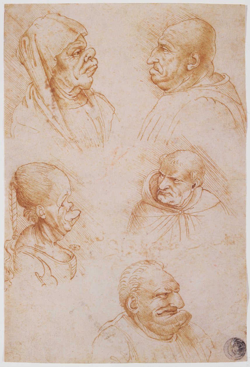 Öt tanulmány a groteszk arcokról (piros kréta papíron) alkotó: Leonardo da Vinci