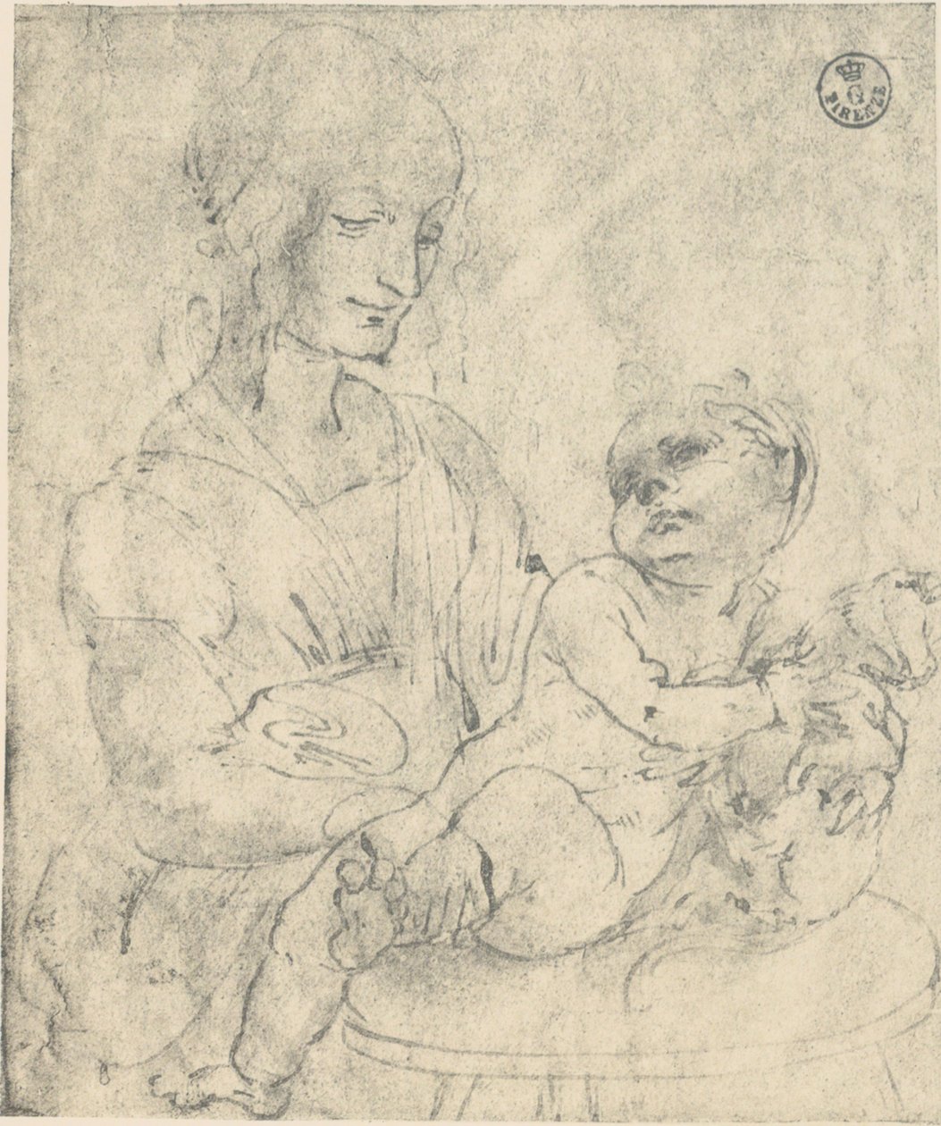 A Szűz és a gyermek cicát simogat, Leonardo da Vinci rajza az Uffizi Galériában alkotó: Leonardo da Vinci