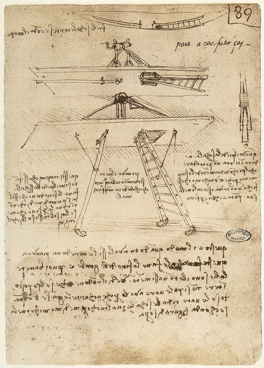 Ms B fol.89r Fel- és leszállószerkezet egy repülő géphez, 1487-90 alkotó: Leonardo da Vinci