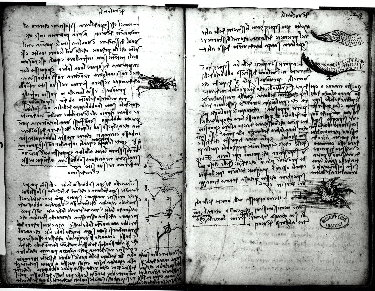 Párizsi kézirat E, fol. 22v és 23r: Vázlat a madarak repüléséről, 1513-14 alkotó: Leonardo da Vinci