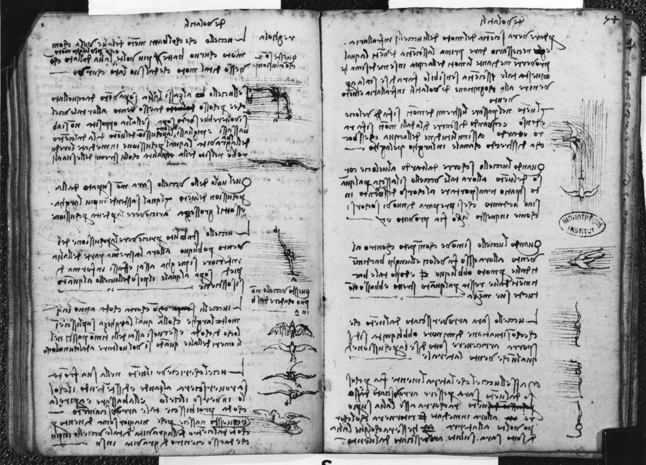 Párizsi kézirat E, fol. 53v és 54r: A madarak repülését ábrázoló vázlat, 1513-14 (toll és tinta papíron) alkotó: Leonardo da Vinci