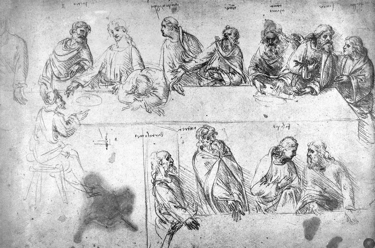 Előkészítő rajz az utolsó vacsorához (szépia tinta vászonpapíron) alkotó: Leonardo da Vinci