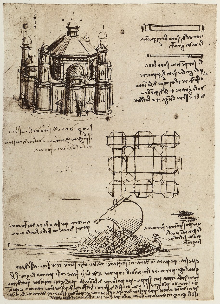 Egy központi tengelyre épített templom, valamint egy evezős és vitorlás csónak projektje, Leonardo da Vinci rajza, a Codex B része (2173), kb. 39v, a párizsi Institut de France épületében alkotó: Leonardo da Vinci