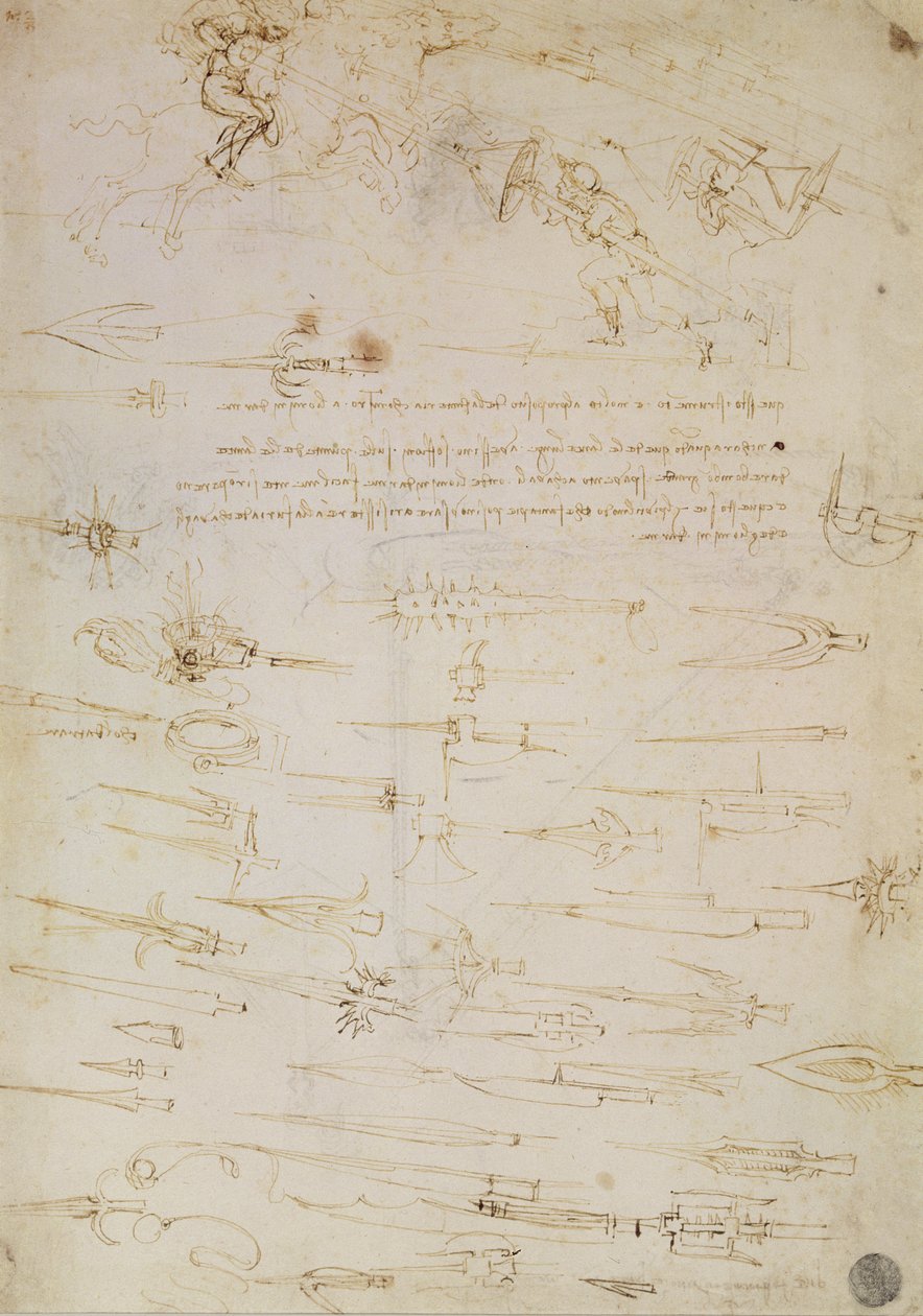 Tanulmányi lap gyalogos katonákról és lovasokról harcban, valamint alabárdok, 1485-1488 (toll és tinta papíron) alkotó: Leonardo da Vinci