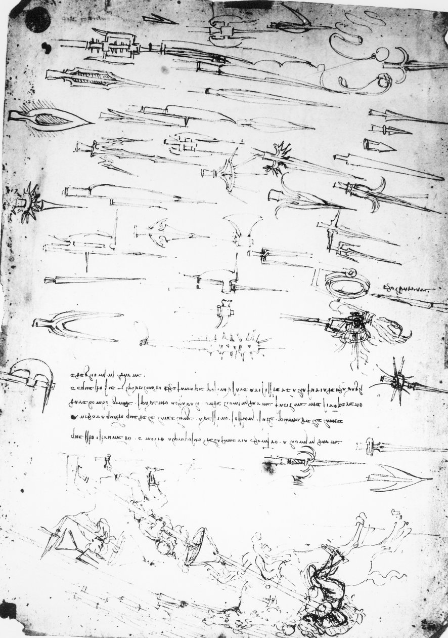 Tanulmányi lap gyalogos katonákról és lovasokról a harcban, valamint alabárdok, 1485-1488 alkotó: Leonardo da Vinci