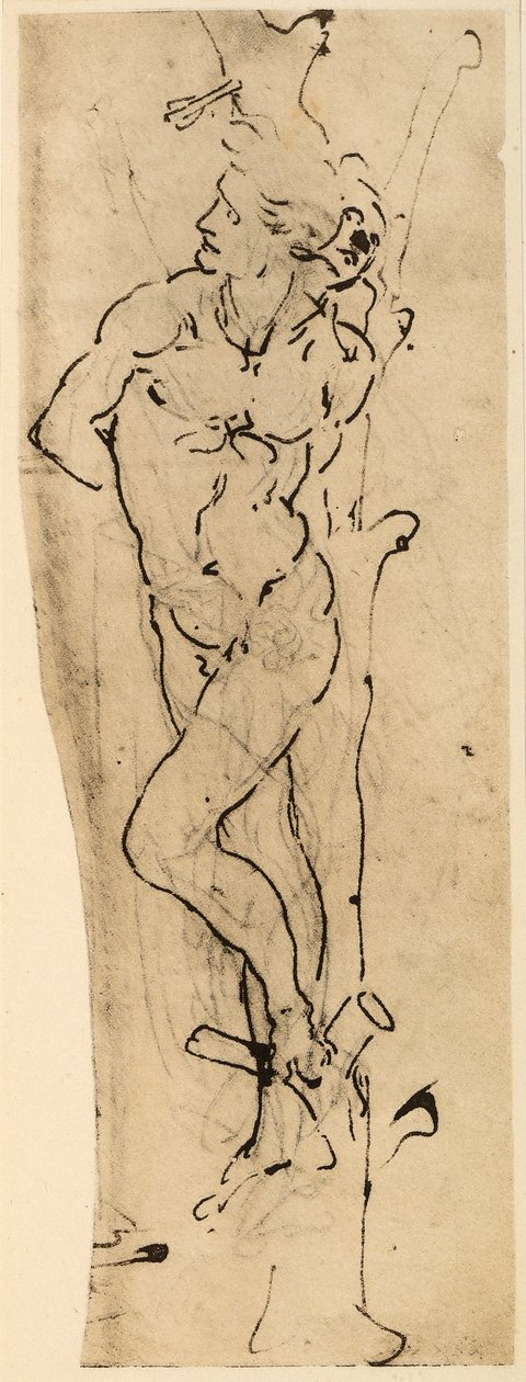 Szent Sebestyén; ezüst pontrajz, Leonardo da Vinci fehér papírra. Műcsarnok, Nyomtatványok és Rajzok terme, Hamburg. alkotó: Leonardo da Vinci