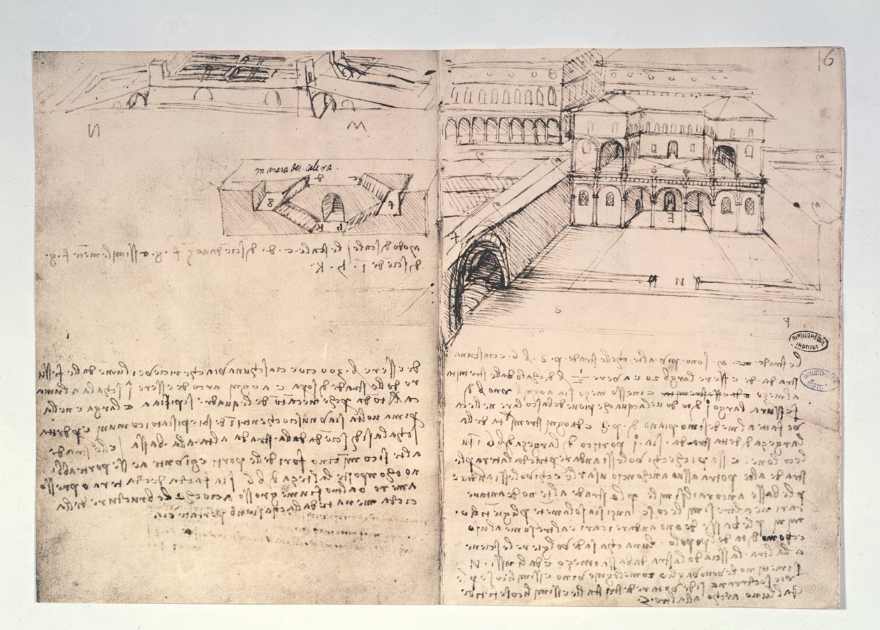 Lépcsőház, fol. 15v, és Építészeti vázlat egy „Ideális városhoz”, fol. 16r, Párizs B kéziratából, 1488-90 alkotó: Leonardo da Vinci