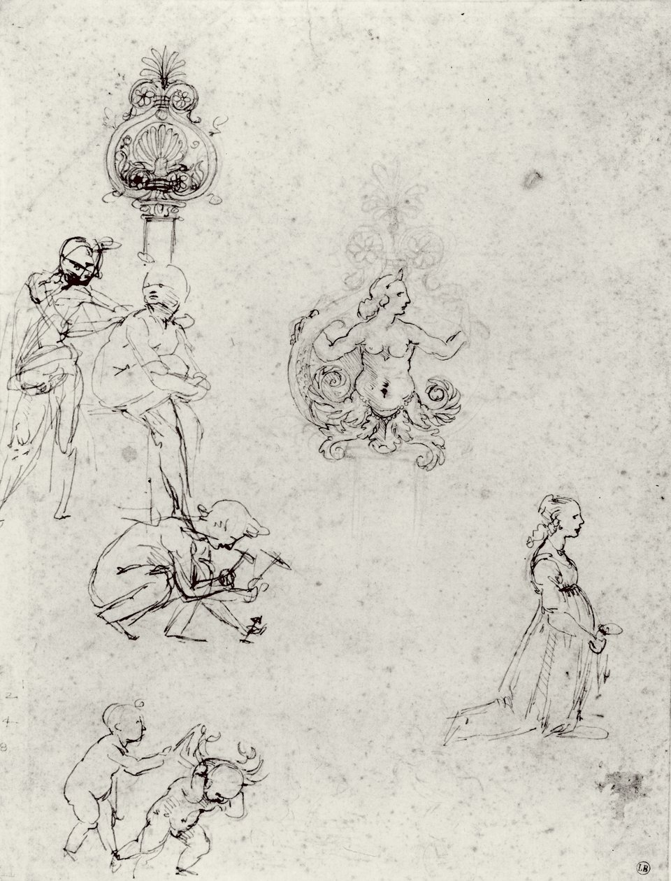 Studies of Figues and Decorations, 1480-82 körül (toll és tinta és fémhegy) alkotó: Leonardo da Vinci