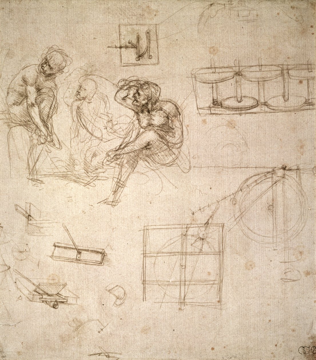 Tanulmányok figurákról és gépekről (ezüstpont papíron) alkotó: Leonardo da Vinci
