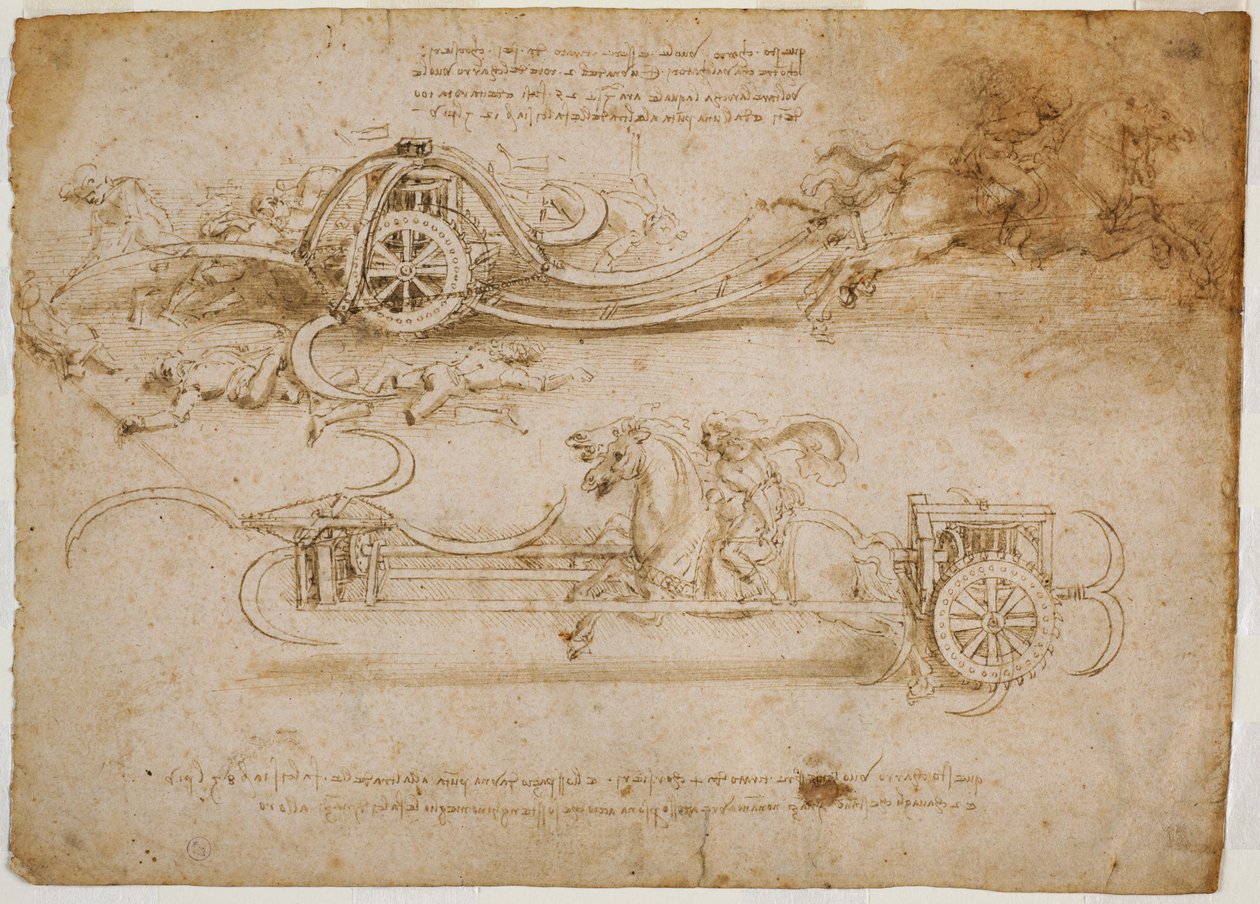 Tanulmányok kaszákkal támadó tankokról, 1485 körül (toll és barna tinta, fémhegy nyomokkal, papíron) alkotó: Leonardo da Vinci