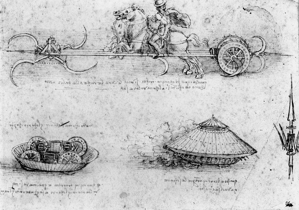 Tanulmányok katonai tankszerű gépekről; köztük egy a tetején, amelyen lovak húznak egy forgó kaszákkal ellátott szerkezetet, 1485 körül (toll és tinta, barna tus, papírra festve). alkotó: Leonardo da Vinci