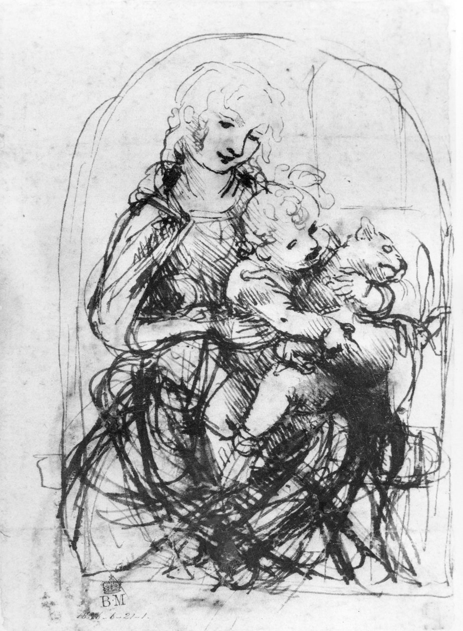 Tanulmány egy macskás Madonnához, 1478-80 körül (toll és tinta tollal aláhúzott papíron) alkotó: Leonardo da Vinci