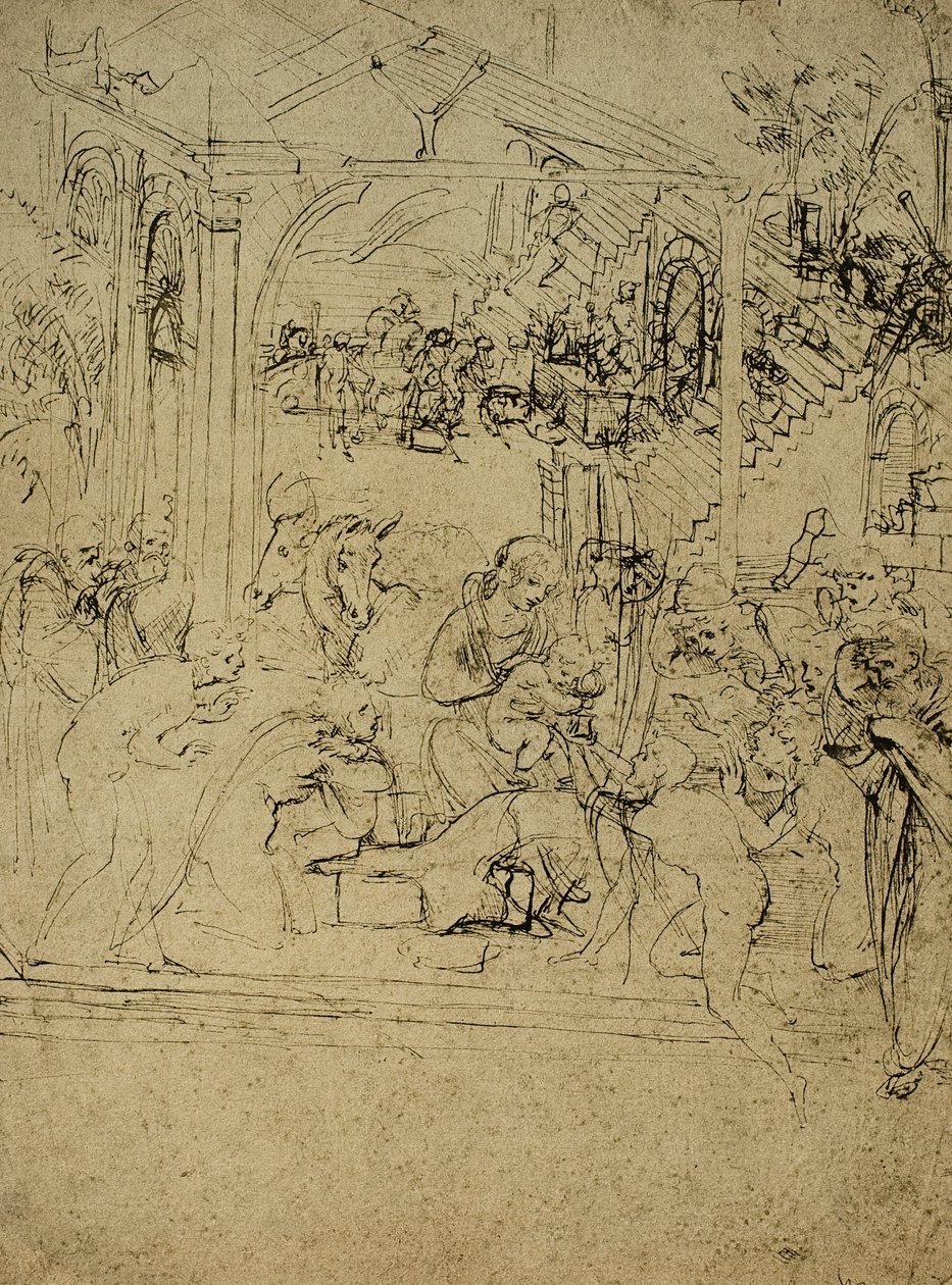 Tanulmány a Bölcsek imádásához; Leonardo da Vinci rajza. Louvre, Párizs alkotó: Leonardo da Vinci