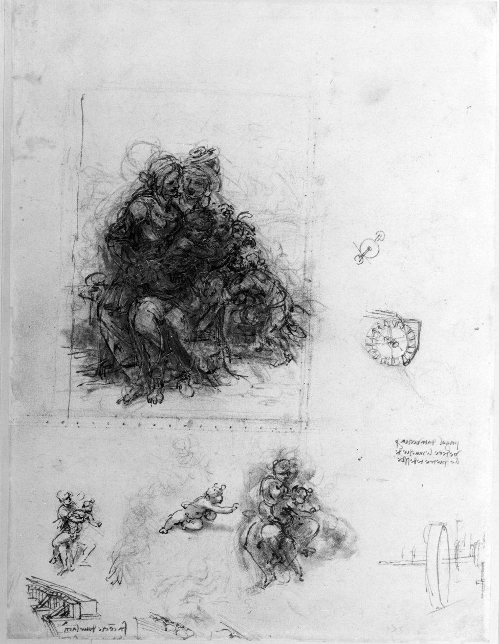 Tanulmány a Szűznek és a Gyermeknek Szent Annával, 1501 körül (toll és tinta fekete krétával, papíron) alkotó: Leonardo da Vinci