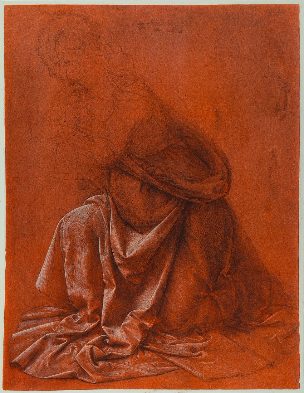 Tanulmány egy női alak ruhájának redőihez; ezüsthegyes és mosásos rajz fehérrel kiemelve vörös papíron, Leonardo da Vinci. Galleria Nazionale dArte Antica, Palazzo Corsini, Róma alkotó: Leonardo da Vinci
