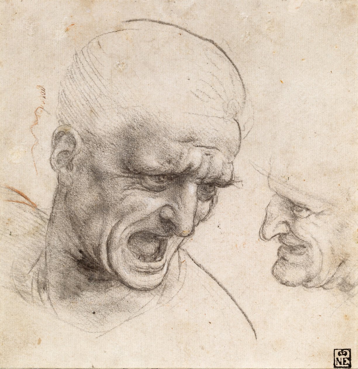 Két harcos fej tanulmánya az anghiari csatához alkotó: Leonardo da Vinci