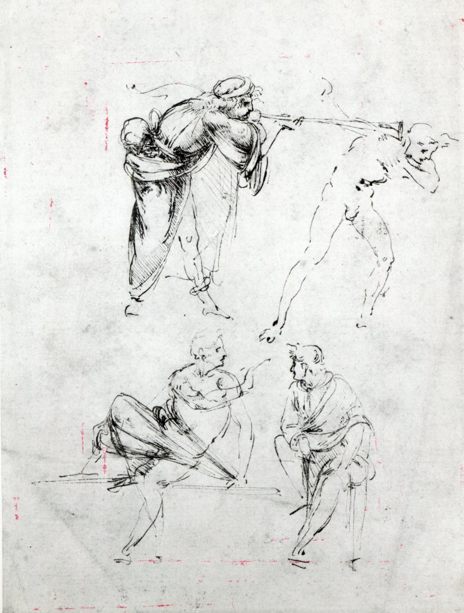 Tanulmány egy férfiról, aki trombitát fúj a másik fülébe, és két társalgó alakról, 1480-82 körül (toll és tinta papíron) alkotó: Leonardo da Vinci