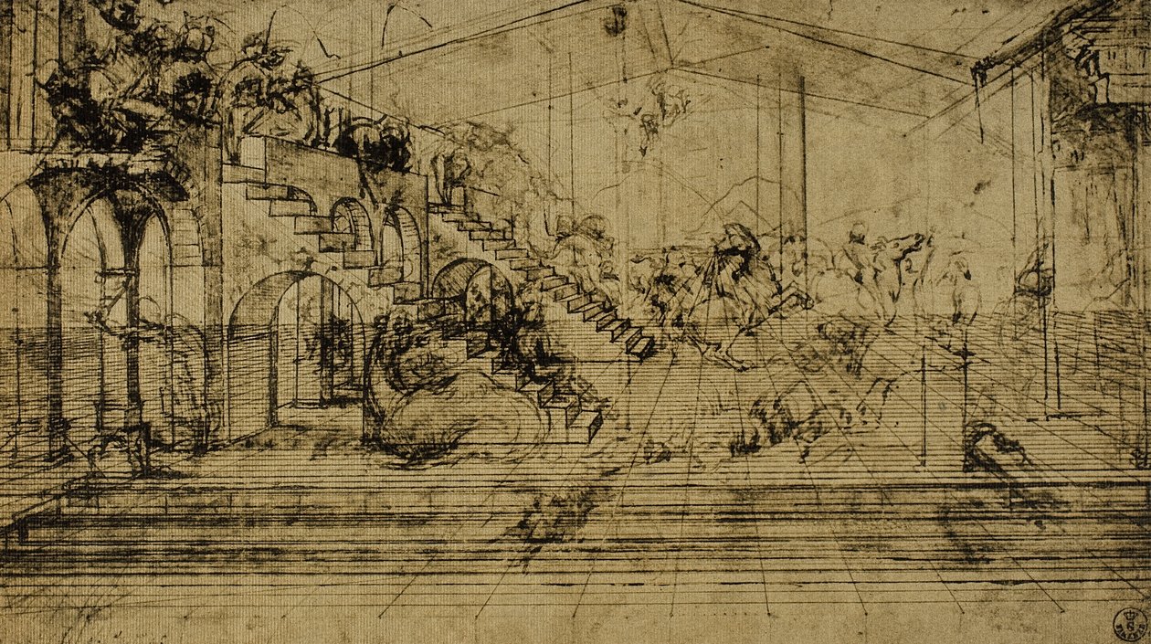Perspektíva tanulmányozása, Leonardo da Vinci rajza. Rajzok és nyomatok kabinetje, Uffizi Galéria, Firenze alkotó: Leonardo da Vinci