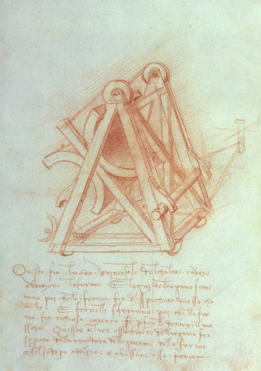 Tanulmány a favázról öntőformával a Sforza ló számára, fol. 154v a Codex Madrid II-ből, 1491-93 körül (toll és barna tinta papíron) alkotó: Leonardo da Vinci