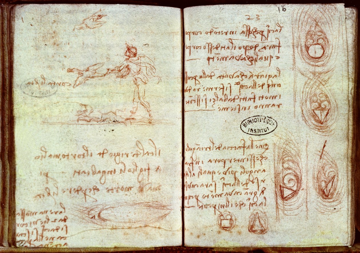 Különböző formák aerodinamikai tulajdonságainak tanulmányozása egy ember és két madár vázlatával, Ms 7 (barna kréta papíron) alkotó: Leonardo da Vinci