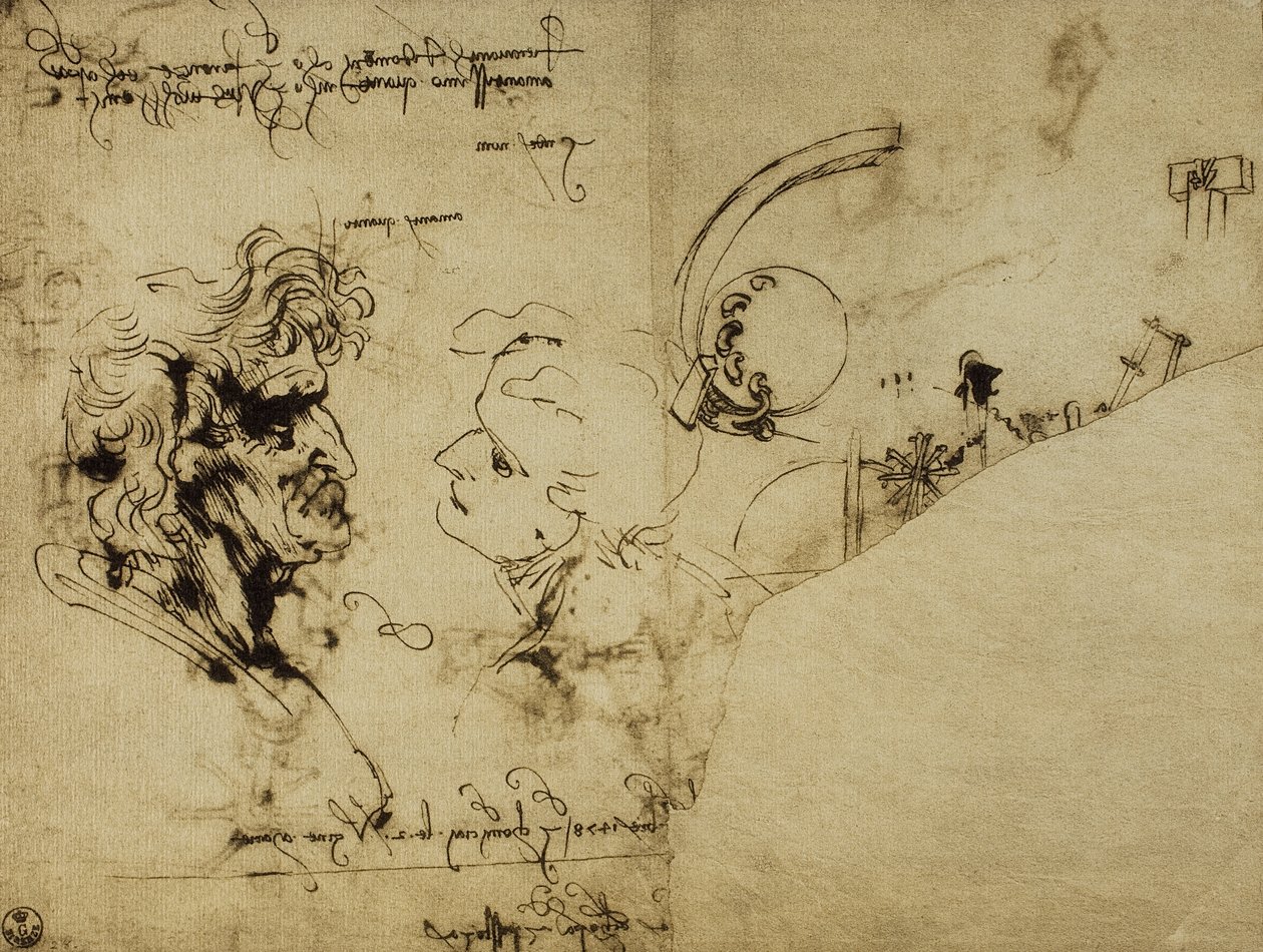 Különféle figurák és öregember fejek tanulmányozása; Leonardo da Vinci rajza. Rajzok és nyomatok kabinetje, Uffizi Galéria, Firenze alkotó: Leonardo da Vinci