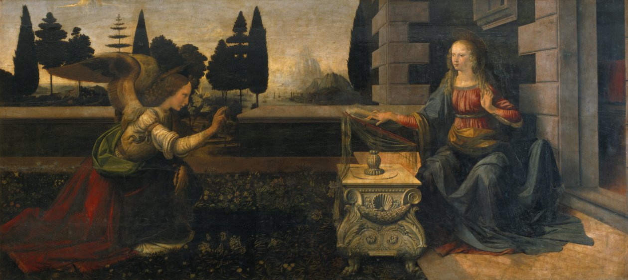 Angyali üdvözlet, 1472-75 (restaurálás előtt) alkotó: Leonardo da Vinci