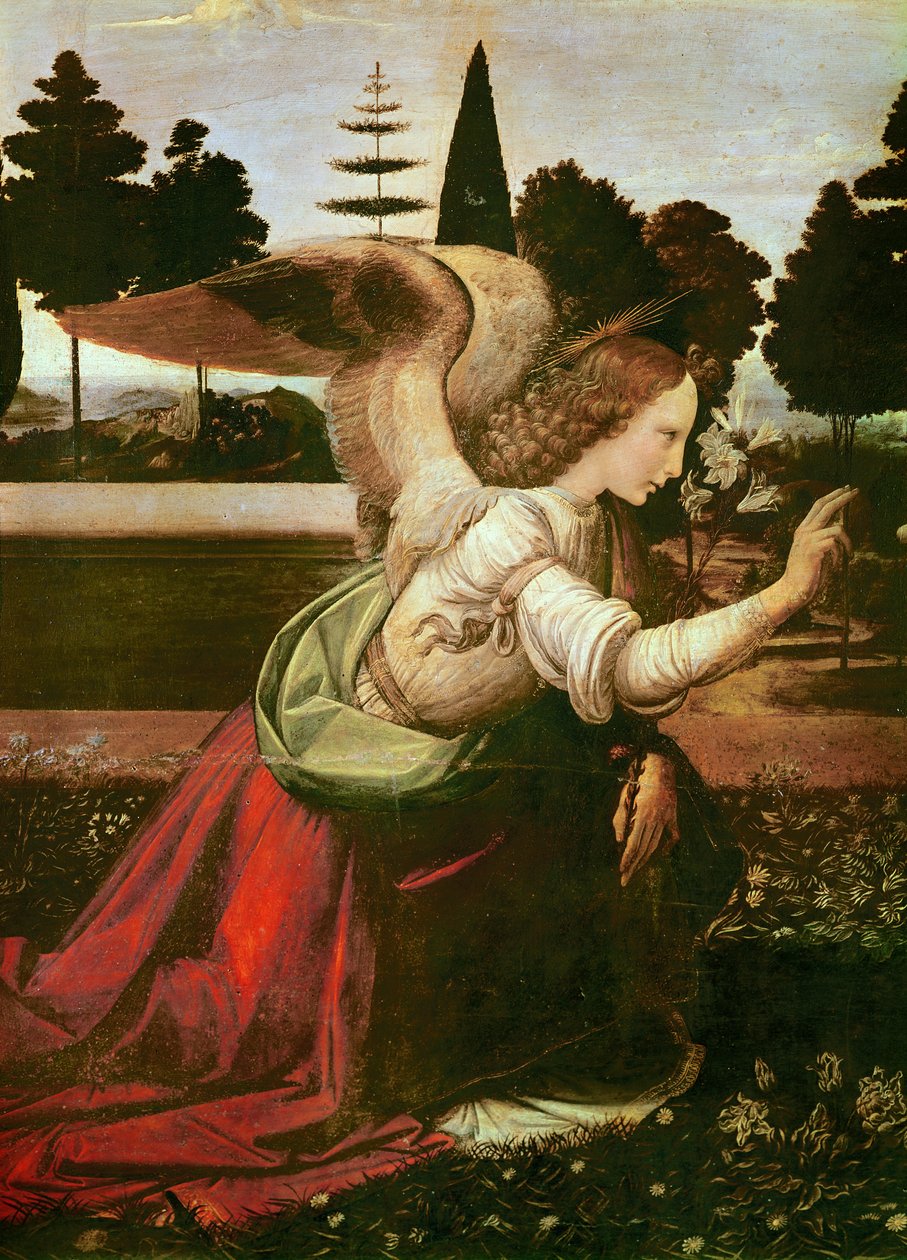 Az angyal angyali üdvözletének részlete, 1472-75 körül olaj, fa alkotó: Leonardo da Vinci