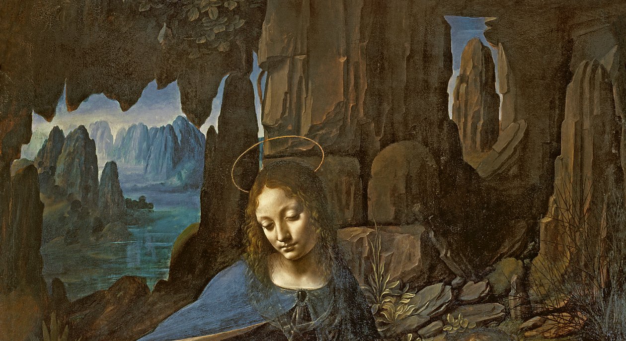 A Sziklák Szűzanyja a csecsemővel Szent János imádja a kis Krisztust egy angyal kíséretében, 1508 körül olaj, tábla, 28916 részlet alkotó: Leonardo da Vinci