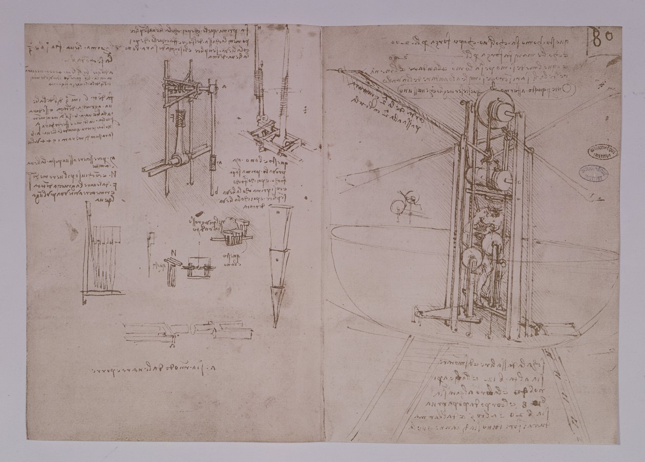 Függőlegesen álló madárszárnyú repülőgép, fol. 80r Párizs B kéziratából, 1488-90 (toll és tinta papíron) alkotó: Leonardo da Vinci