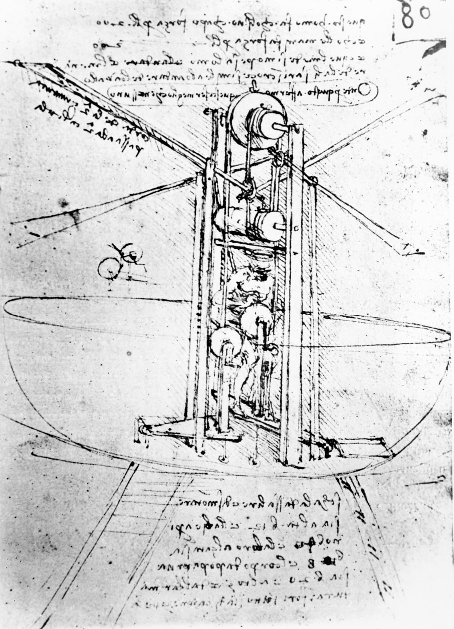 Függőlegesen álló madárszárnyú repülőgép, fol. 80r Párizs B kéziratából, 1488-90 (toll és tinta papíron) alkotó: Leonardo da Vinci