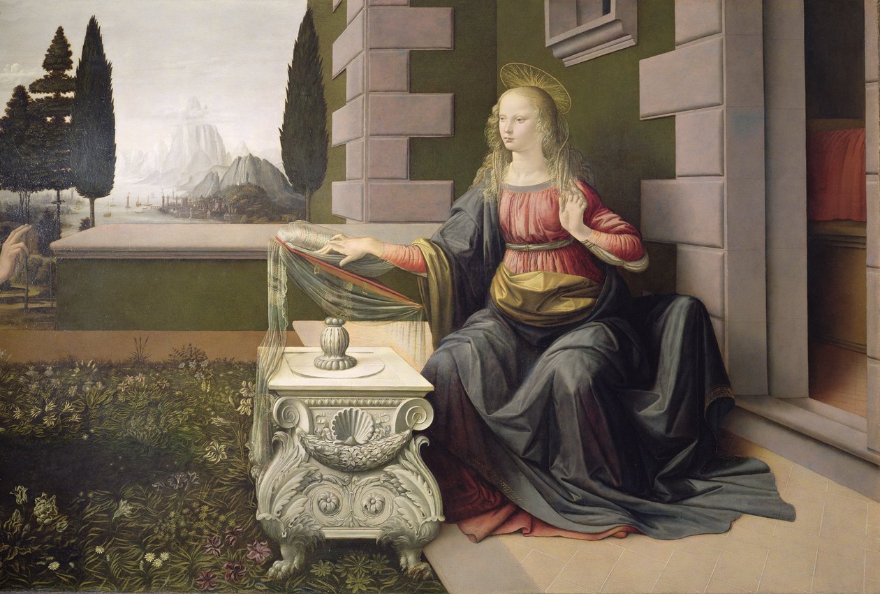 Szűz Mária, Angyali üdvözletből, 1472-75 (részlet) (restauráció után) alkotó: Leonardo da Vinci