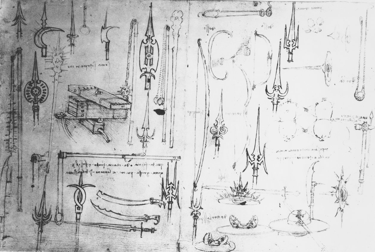 Fegyverek és pajzsok, 1487-88 körül (fémpont tollal és tintával, papírra) alkotó: Leonardo da Vinci