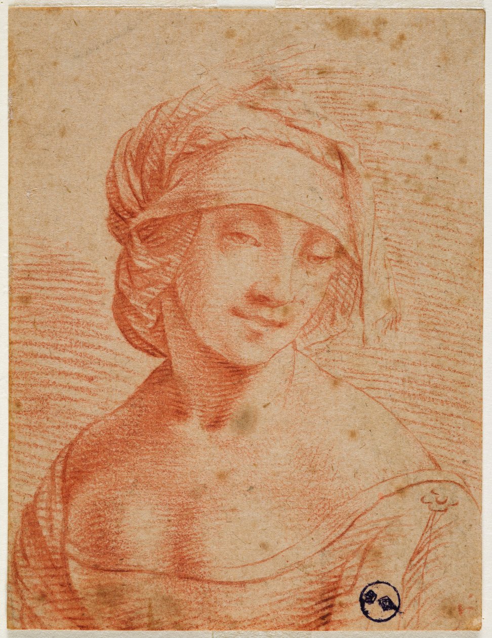 Fiatal, sapkás nő mellképe, 16. század első fele (vér a papíron) alkotó: Leonardo da follower of Vinci