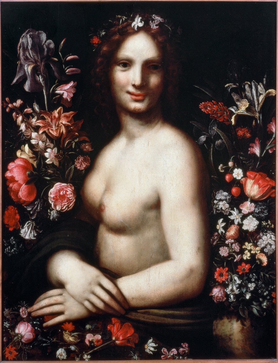 Flora (Flora) nevű fiatal nő mellszobra a virágok között A modell a Mona Lisa (Mona vagy Monna Lisa) festménye lenne Leonardo da Vinci (Leonard de Vinci) (1452-1519) rajza nyomán 17. század Bergamo, accademia Carrara alkotó: Leonardo da (after) Vinci