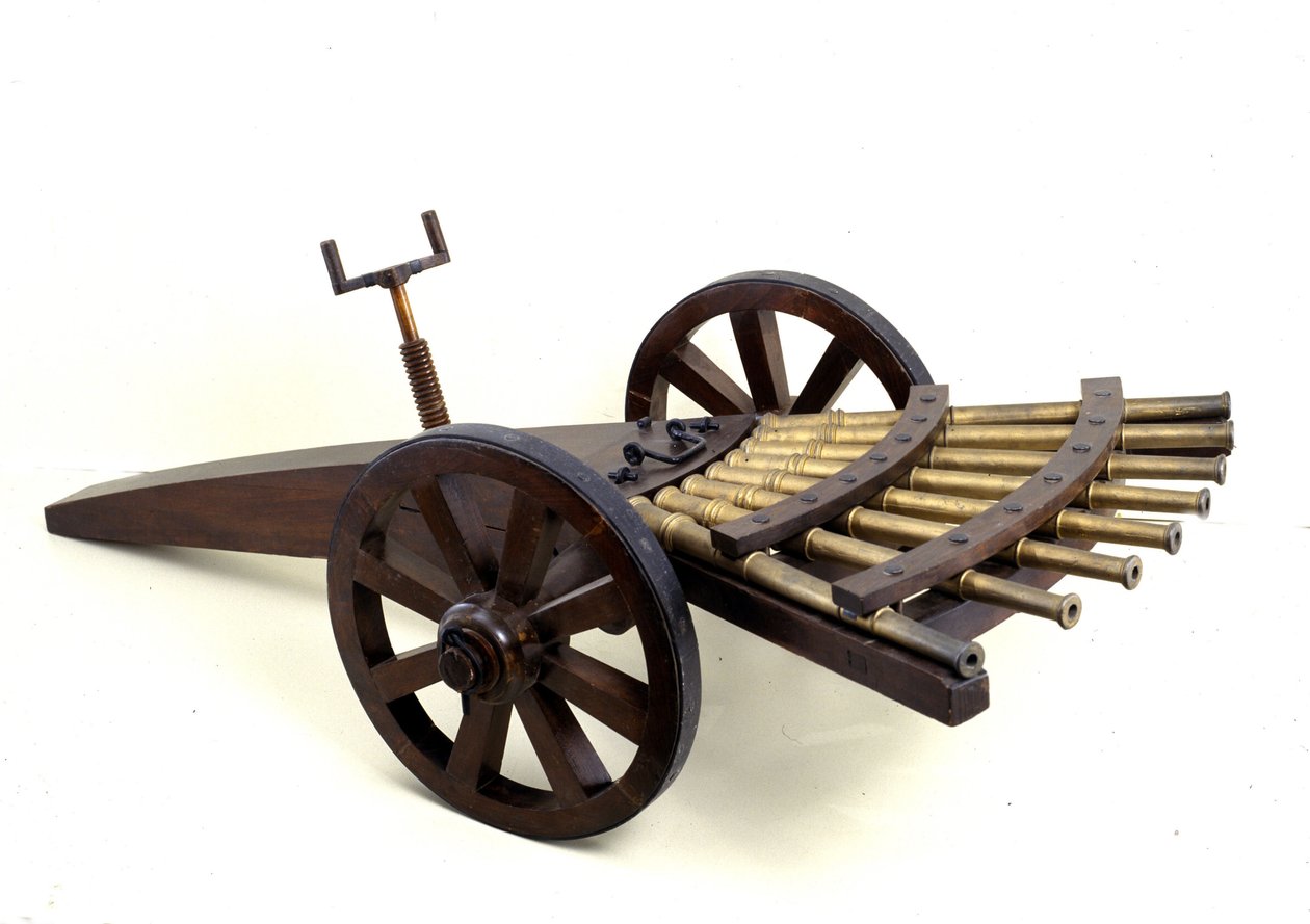 Több botból álló ágyú. Modell Leonardo da Vinci (Leonardo da Vinci) rajzából. Tudományos és Technológiai Múzeum, Milánó. alkotó: Leonardo da (after) Vinci