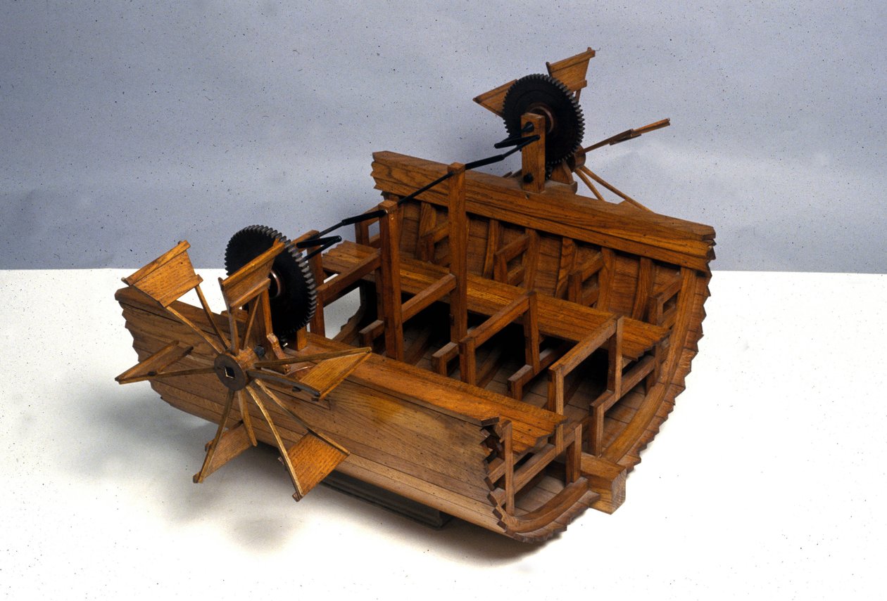 Kerekes meghajtású hajó. Modell Leonardo da Vinci (Leonardo da Vinci) rajzából. Tudományos és Technológiai Múzeum, Milánó. alkotó: Leonardo da (after) Vinci
