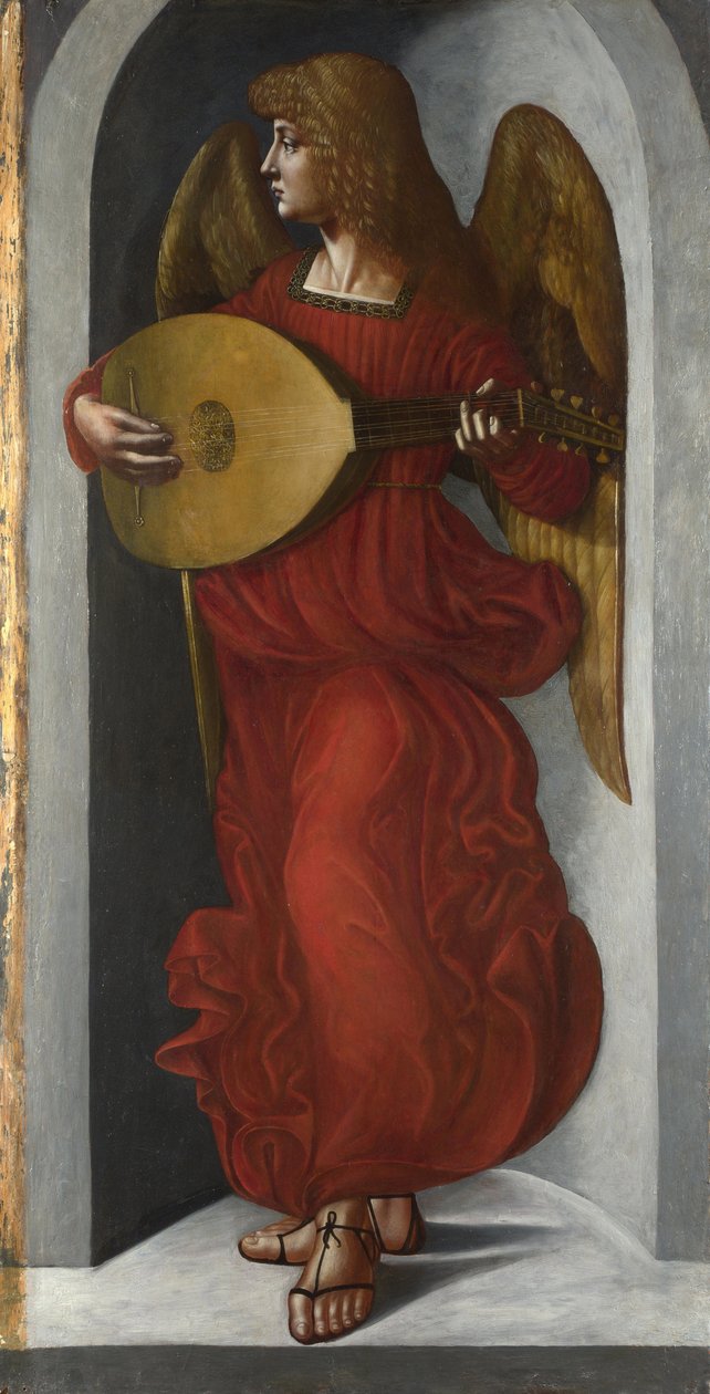 ""Angyal pirosban lanton játszik"" Festmény Leonardo da Vinci (Leonarda da Vinci) (1452-1519) kíséretéből, 1490-1499 körül Londoni Nemzeti Galéria alkotó: Leonardo da (circle of) Vinci