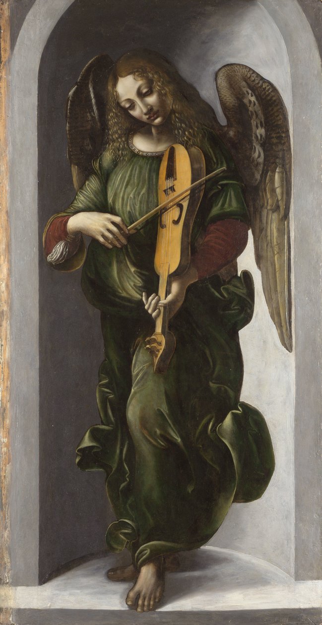 ""Angyal zöldben, aki a régit játszik"" Festmény Leonardo da Vinci (Leonardo da Vinci) (1452-1519) kíséretéből, 1490-1499 körül Londoni Nemzeti Galéria alkotó: Leonardo da (circle of) Vinci