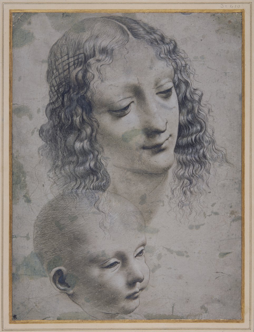 Egy nő feje és egy baba feje (fémhegy szürke előkészített papíron) alkotó: Leonardo da (follower of) Vinci
