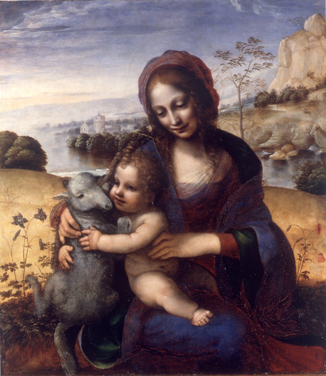 Madonna és a gyermek bárányokkal alkotó: Leonardo da (manner of) Vinci