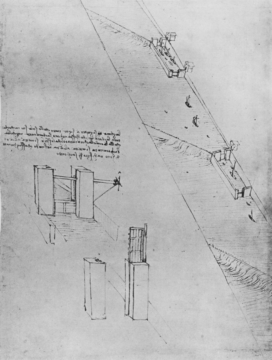 Csatorna zsilipekkel és gátokkal, c1480 1945 alkotó: Leonardo da Vinci