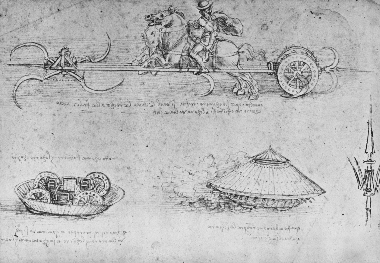 Kaszákkal felfegyverzett szekér, két rajz egyfajta harckocsiról és egy partizánról, c1480 1945 alkotó: Leonardo da Vinci