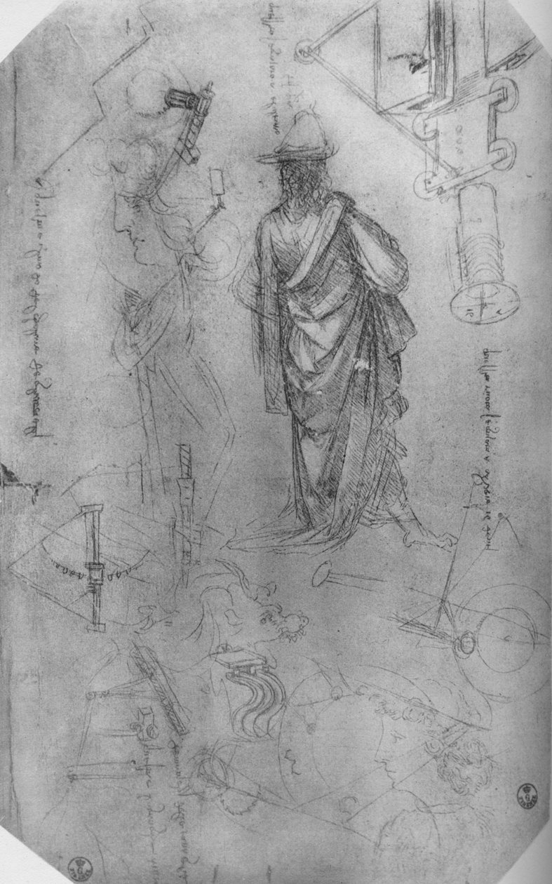 Egy terített figura, Studies of Machinery stb., c1480 1945 alkotó: Leonardo da Vinci