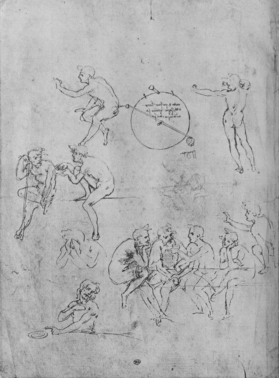Asztalnál beszélgető alakok csoportja, Két ábra a beszélgetésben és egyebek, 1481-1483 1945 alkotó: Leonardo da Vinci