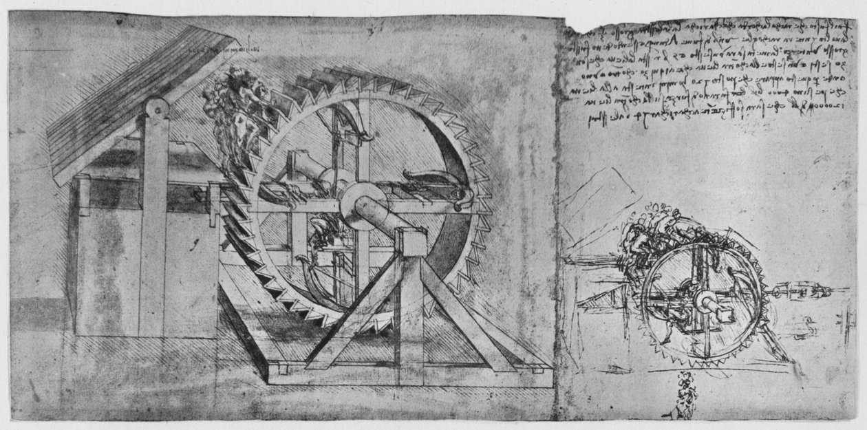 Egy nagy kerék, amely feloldódik és négy számszeríjat lő egymás után, c1480, 1945 alkotó: Leonardo da Vinci